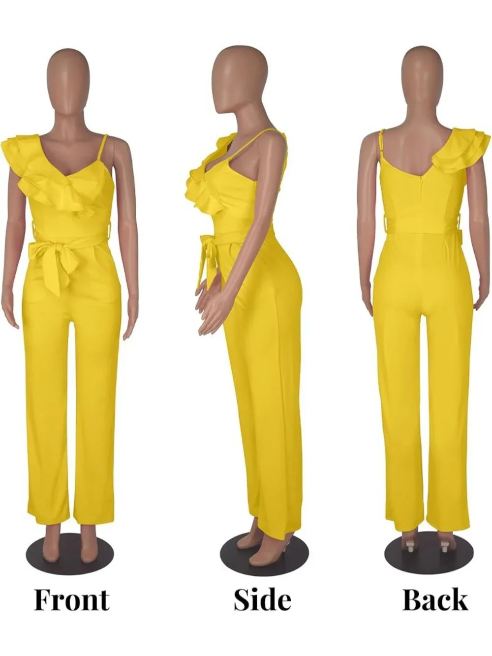 👗 Women's Yellow Ruffle One Shoulder Wide Leg Belted Romper Casual Jumpsuits
